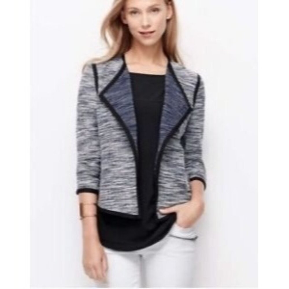 Ann Taylor Open Front Blue Tweed Knit Blazer Jacket w/Pockets Size S Cardigan